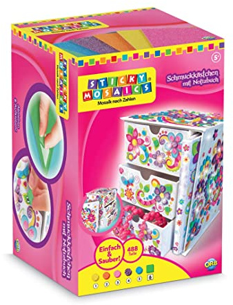 ORB Sticky Mosaic Schmuckkästchen mit Notizbuch Mosaik Bastelset ab 5 Jahre | Mit selbstklebenden farbigen Schaumstoffplättchen nach Zahlen verzieren und eine individuelle Schmuckbox gestalten
