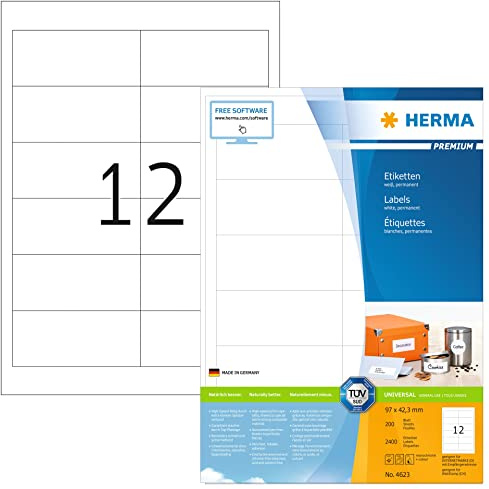 HERMA 4623 Universal Etiketten, 200 Blatt, 97 x 42,3 mm, 12 pro A4 Bogen, 2400 Stück, selbstklebend, bedruckbar, matt, blanko Papier Klebeetiketten Aufkleber, weiß