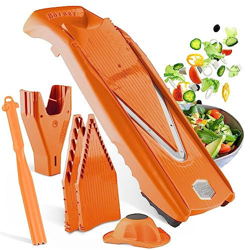 Börner Cortador de Verduras V5 (Set Plus) • Mandolina en V Ajustable con Cuchillas de Acero Inoxidable • Con varios Accesorios + Pelador • Cortar Rodajas, Tiras y Cubos • Color: Naranja