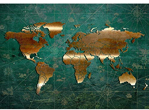 Runa Art Papier peint intissé métallique Carte du monde 352 x 250 cm Toison Mur XXL Tableaux Muraux Tapisserie Photo Décoration Murale Salon Chambre or vert 9031011b