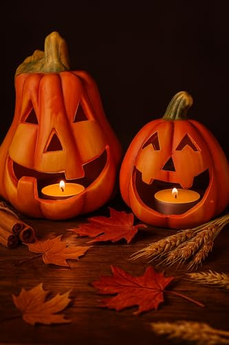 khevga Kürbis Deko Keramik: Windlicht Herbstdeko im 2er Set Halloween Dekoration beleuchtet LED (Ohne LED)