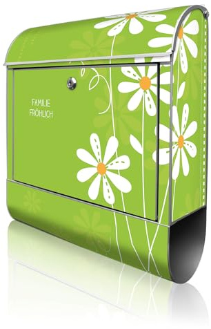 banjado Design Briefkasten personalisiert 38,5x46,5x13cm & 2 Schlüssel - Briefkasten Stahl Silber Zeitungsfach pulverbeschichtet - Postkasten A4 Einwurf inkl. Montagematerial - Motiv WT Gänseblümchen