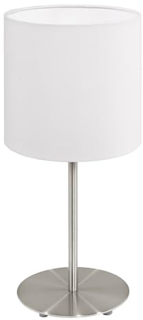 EGLO Tischlampe Pasteri, 1 flammige Textil Tischleuchte | Nachttischlampe aus Stahl und Stoff, Farbe: Nickel matt, weiß, Fassung: E14, inkl. Schalter, H: 27,5 cm