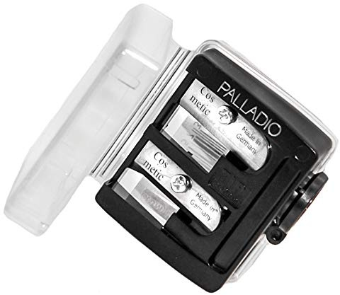 Palladio Double Barrel 3 in 1 Cosmetic Pencil Sharpener with Cover, Stainless Steel Blade, Size Adjuster, Essential for Small and Extra Large Lip Liner, Eyeliner, Brow Pencils