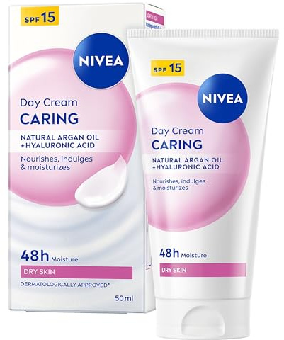 NIVEA Caring Day Face Cream SPF 15 (3 x 50ml), Nourishing Moisturiser with SPF 15 and Hyaluronic Acid, 48H Hydration Face Moisturiser for Dry Skin