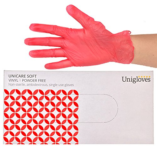 UNIGLOVES Unicare Vinyl Disposable Gloves - Multipurpose, Powder and Latex Free Examination Gloves - Box of 100 Gloves, Red, Medium (GS0113)