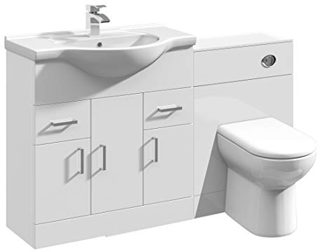VeeBath Linx 1250 Vanity Unit Furniture Set, Wash Basin Bathroom Sink, WC, BTW Toilet Pan, Soft Close Toilet Seat, Concealed Cistern-White (Flat Pack)