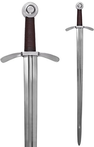 Battle-Merchant Kreuritter Scheibenknauf-Schwert mit Lederscheide | Hochmittelalter Einhänder aus Stahl, inkl. Scheide, Schwert Replik, Historisches Sammlerstück & Dekoration, ab 18