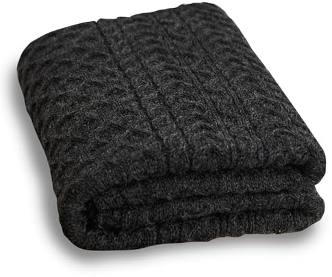 Aran Woollen Mills Irish Wool Blanket, 100% Worsted Wool, Traditional Aran Cable Knit Couch Throw, Authentic Irish Blanket Made in Ireland, Charcoal, 36 x 60