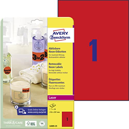 AVERY Zweckform L6005-25 leuchtend neon-rote Etiketten (25 Aufkleber, 210x297mm auf A4, selbstklebend, bedruckbar, ablösbar, farbige Klebeetiketten zum auffälligen Kennzeichnen) 25 Blatt