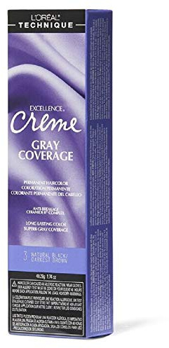 L'Oréal Technique Excellence Crème Permanent Hair Color - Long-Lasting Hair Dye, Rich Formula With No-Drip Application, Superb Gray Coverage, 3 Natural Black