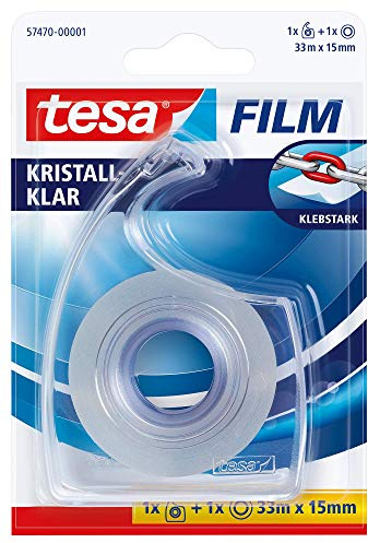 tesafilm Crystal Clear Klebeband - transparent - inkl. Handabroller | 1 Rolle höchst durchsichtiger Klebefilm, 33 m x 15 mm - klebestark, reißfest und lösungsmittelfrei - Set mit Abroller