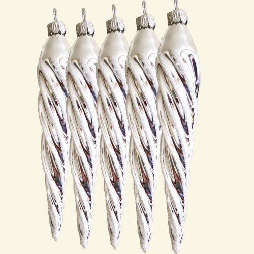 Lauschaer Glaskunst-Christbaumkugel Eiszapfen 12 cm - 4 Stück Silber Glänzend - Weihnachtsbaumschmuck