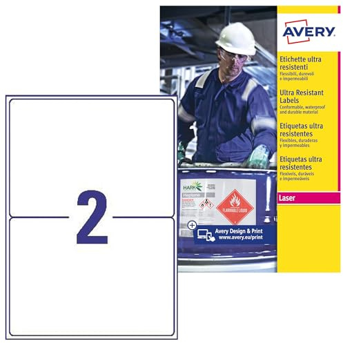 AVERY Zweckform L7916-10 Strapazierfähige Folienetiketten (20 Aufkleber, 210x148mm auf A4, extrem stark selbstklebend, für schwierige Oberflächen, bedruckbare Outdoor Klebefolie) 10 Blatt, weiß