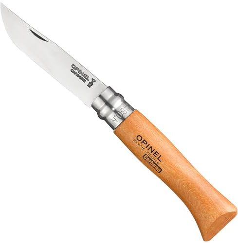 Opinel No. 08 Carbone - Carbon Steel Folding Pocket Knife, Beechwood Handle, 3.28 in Blade, Virobloc Safety Locking Collar, Made in France