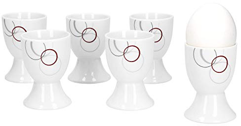 Van Well 6er Set Eierbecher Palazzo 4,8cm - aus weißem Porzellan mit Dekor-Kreisen in grau und dunkelrot