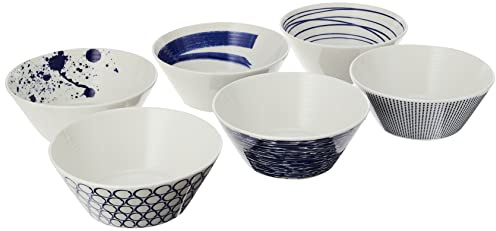 Royal Doulton Porcelain Pacific Mixed Patterns Bowls Set of 6, Blue/White, 5.9