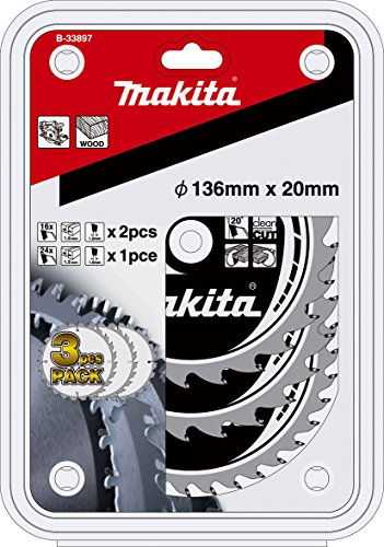 Makita B-33897 Specialized für Akku-Sägen Kreissägeblatt-Set 3-teilig 136 x 20 mm, 2x 16 Zähne (Schnittbreite 1,5 mm), 1x 24 Zähne (Schnittbreite 1,5 mm), saubere Längs- und Querschnitte