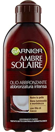 Garnier Ambre Solaire Olio Abbronzante, Per un'Abbronzatura Intensa, Ideale per Pelli Scure e già Abbronzate, Nutre e Dona Luminosità e Morbidezza, Con Olio di Cocco, 200 ml