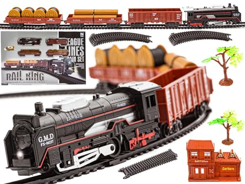 HUKITECH Realistisk Rail King järnväg – ånglok + 3 vagnar – barnset – 2 träd – 1 kolvagn, 2 godsvagn – järnvägsstation – skenor