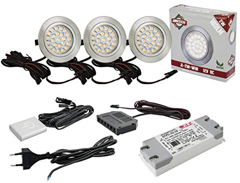 3x Flache LED Möbelleuchte 2W warmweiß DIMMBAR 65mm x 10mm - Lochmaß: 58mm - 1x LED Touchschalter mit Dimmfunktion!!! - 1x 6-Fach Mini-AMP-Verteiler - 1x Anschlusskabel - 1x 12V DC 15W LED Trafo -
