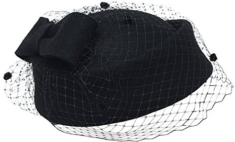 Sheliky Pillbox Hut Fascinator Baskenmütze Hochzeit Party Zylinder Kirche Wollhut für Damen, Schwarz, Einheitsgröße