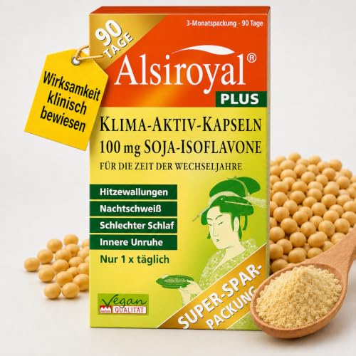Alsiroyal PLUS Klima-Aktiv-Kapseln · eigene klinische Studie · Wechseljahre | 100 mg Soja-Isoflavone hochdosiert · 20 Mikronährstoffe · Bei Hitzewallungen, Nachtschweiß, schlechtem Schlaf, innerer Unruhe