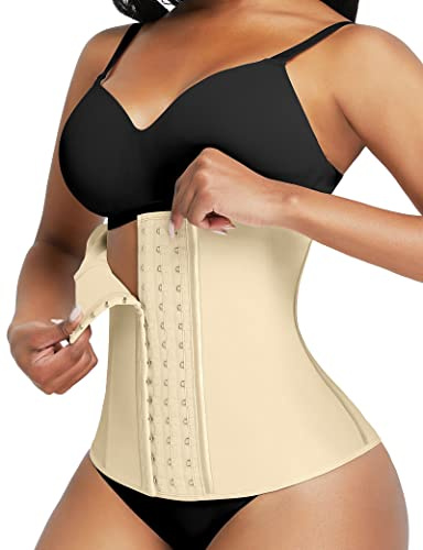 FeelinGirl Midjetränare Latexkorsett för Damer Midja Tränare med 9 Stålstruktur Träning Midja Cincher Sport Underbröstkorsett Midjeformare Magkontroll Plusstorlek med Hake av 3 rader-Beige L