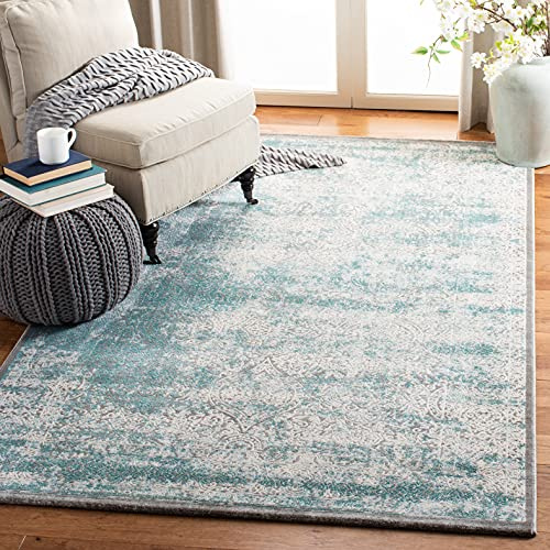 SAFAVIEH Distressed Teppich für Wohnzimmer, Esszimmer, Schlafzimmer - Passion Collection, Kurzer Flor, Türkis und Elfenbein, 122 X 170 cm