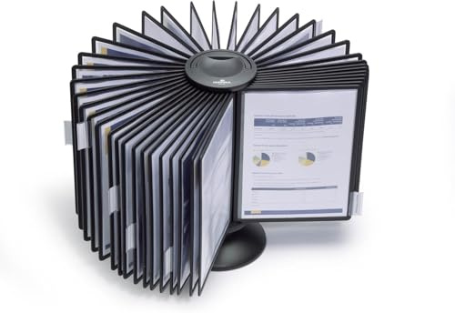 Durable Sichttafeldrehständer Sherpa Display System carousel 40, mit 40 schwarzen Sichttafeln A4, schwarz, 563301 | Drehbarer Sichttafeldrehstaender A4, stabiler Tischstaender mit Griff, fuer Verkaufs- und Ausstellungsraeume