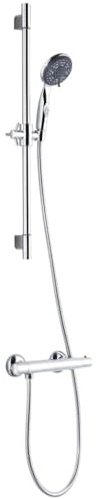 SCHÜTTE Aqua2Save Brausestangenset mit Thermostat, Duschset aus Mischbatterie und Handbrause mit Antikalk-Noppen, 5 einstellbaren Strahlarten und Wasserstopfunktion, Chrom Brausegarnitur, 52545