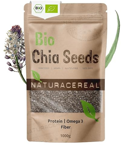 Naturacereal Semillas de Chía Orgánicas 1 kg – Ricas en Omega-3, fibra y fuente de proteínas – Veganas, sin gluten – ideales para smoothies, mueslis, overnight oats, ensaladas y productos horneados