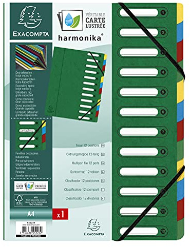 Exacompta - Ref 55123E - 1 HARMONIKA sorteringsverk - med resårer och utskurna fönster - glansigt papphölje - utdragbar rygg - 12 fack - för A4 - mått 24,5 x 32 cm - färg grön
