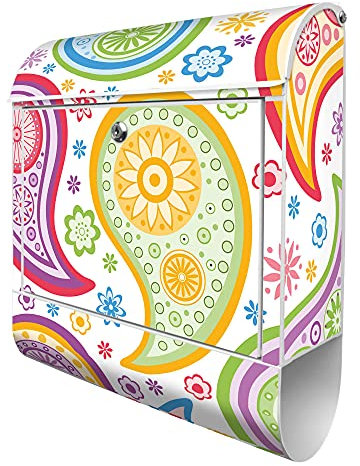 banjado® Design Briefkasten mit Paisley bunt 38,5x46,5x13cm & 2 Schlüssel - Briefkasten Stahl weiß mit Zeitungsfach pulverbeschichtet - Postkasten A4 Einwurf inkl. Montagematerial