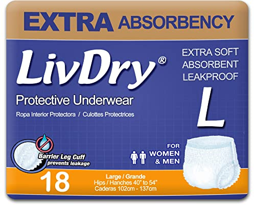 LivDry Adult Incontinence Underwear, Extra Absorbency Adult Diapers, Leak Protection, Large, 18-Pack
