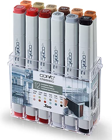 COPIC Classic Set Architektur Farben, 12er Set im Acryl-Display, Twin Marker mit einer mittelbreiten und einer feinen Spitze