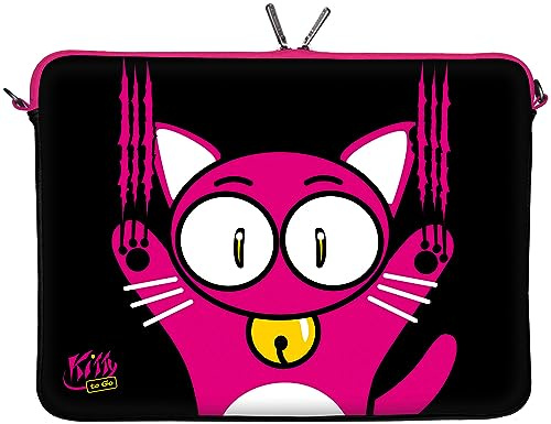 Kitty to Go LS140-15 Designer Laptoptasche 15,6 Zoll (39,1 cm) aus Neopren Laptop-Schutzhülle Sleeve Tasche Hülle Cover Case Bag Katze schwarz-pink