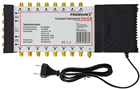 Premium X PXMS 5/16 Multischalter mit Netzteil Multiswitch 1 SAT für 16 Teilnehmer Satverteiler Digital HDTV FullHD 4K UHD 8K