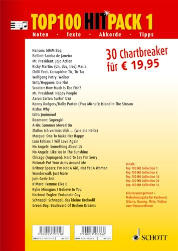 Top 100 Hitpack 1: Das Beste aus den Charts / Noten - Texte - Akkorde - Tipps. Band 1. Klavier / Keyboard. (Music Factory)
