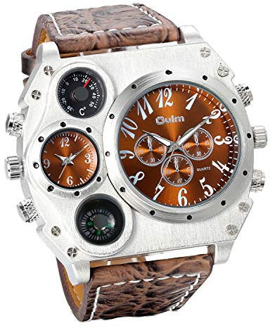 JewelryWe Herren Armbanduhr, Leder Legierung, Analog Quarz Kompass Thermometer Armband Uhr, Braun Leder Armband mit Braun Zifferblatt