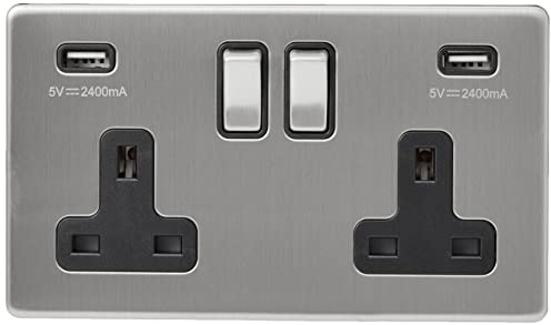 AET SLUSB2GBS Satin Chrome Flat 2 Gang Charging Port Black Insert Metal Rocker Switch-13 Amp Double Screwless Plug Socket & USB Power Outlet