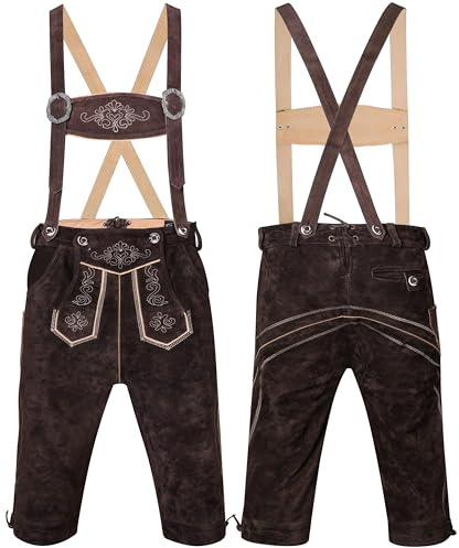 Herren Trachten Lederhose Kniebund mit Träger Rindvelourleder Dunkelbraun - Trachtenlederhose Herren - Trachten Herren - Oktoberfest Lederhose