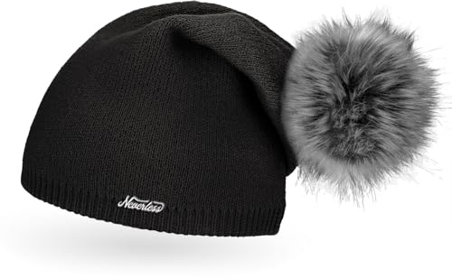 Neverless® außergewöhnliche Damen Strickmütze mit Fell-Bommel, Strick-Beanie
