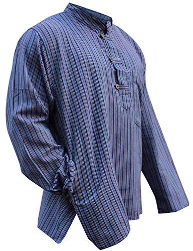 SHOPOHOLIC FASHION Purple Mix Dharke Stripes Grandad Shirt Lightweight Comfy Traditional Boho Hippy Shirts, L