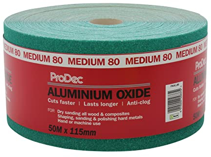 ProDec 50 m Rolle, mittlere, grünes Aluminiumoxid-Schleifpapier mit Körnung 80 zum Schleifen von Holz, Farbe, Putz, Spachtelmasse, Metall & mehr; Schleifpapier, kompatibel mit Maschinenschleifern