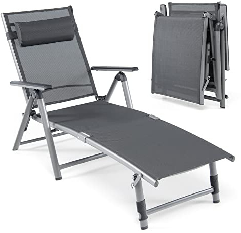 COSTWAY Folding Sun Lounger, 8 Positions Adjustable Garden Chaise Lounge Sunbed with 2-Level Foldable Legs and Pillow, Aluminium Frame Outdoor Portable Reclining Chair for Patio Poolside Beach Camping