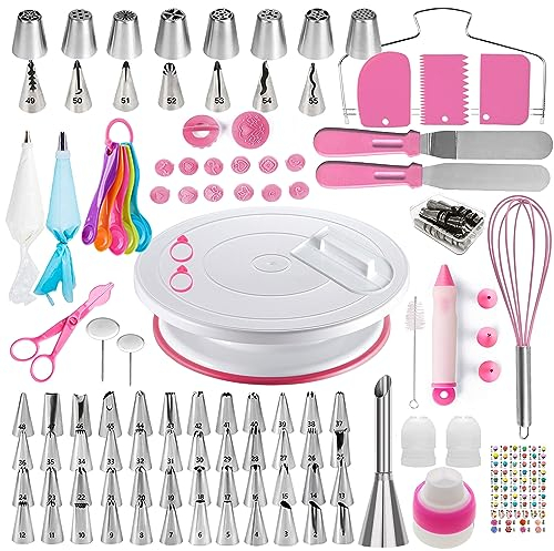 Cake Decorating Kit, 137pcs Cake Decorating Supplies with Cake Turntable for Decorating, Pastry Piping Bag, Russian Piping Tips Baking Tools, Cake Baking Supplies for Beginners (Pink)
