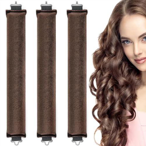 Heatless Curlers 3Pcs, Overnight Heatless Curls Blowout Rods Headband for All Hair Types, Soft Hair Roller Rods with Hook, No Heat Curls to Sleep, Women Long Hair Styling Tools (brown)