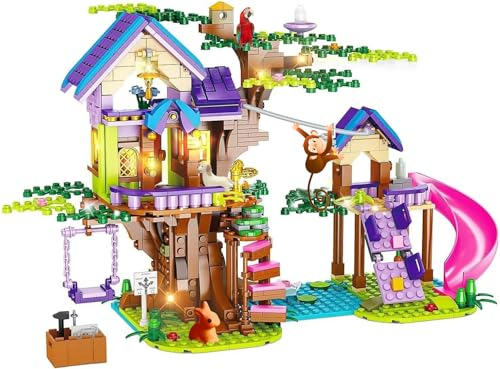 OKKIDY Tree House Building Spielzeug für Kinder, Mädchen Freundschaft Bauklötze mit mit LED-Licht, kreative Waldhaus Alter 6 7 8 9 10 11 12+ Geburtstag Geschenk Mädchen Jungen