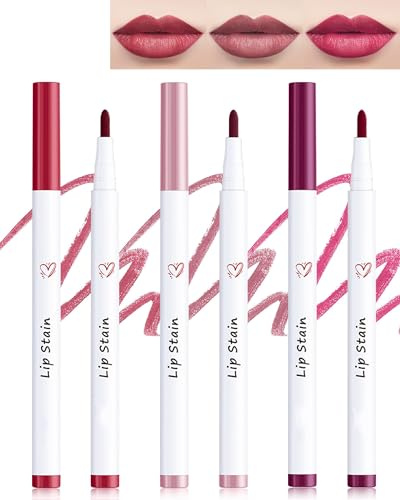 Lip Tint Stain Pen Set-3pcs Wasserfester Matte Lipliner, Long Lasting Colour Lippenstift, Hochpigmentierter Lippenkonturendtift,No-Transfer Lipgloss, Natürlicher Tattoo Matt Effekt-1+3+6